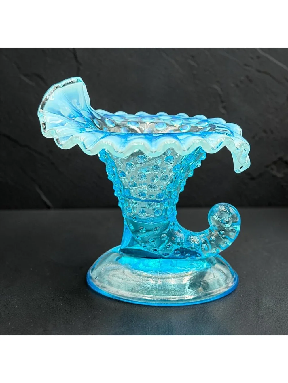Vintage Fenton Blue Opalescent Hobnail Cornucopia Vase Candleholder 4.5